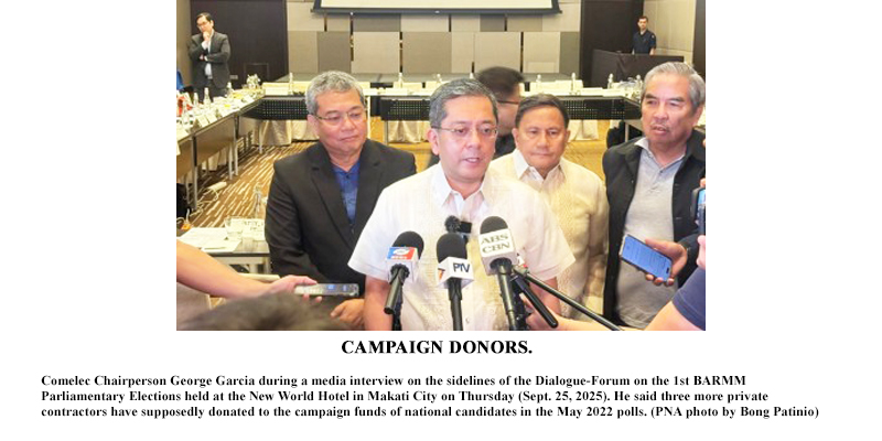 CAMPAIGN DONORS. Comelec Chairperson George Garcia during a media interview on the sidelines of the Dialogue-Forum on the 1st BARMM Parliamentary Elections held at the New World Hotel in Makati City on Thursday (Sept. 25, 2025). He said three more private contractors have supposedly donated to the campaign funds of national candidates in the May 2022 polls. (PNA photo by Bong Patinio)